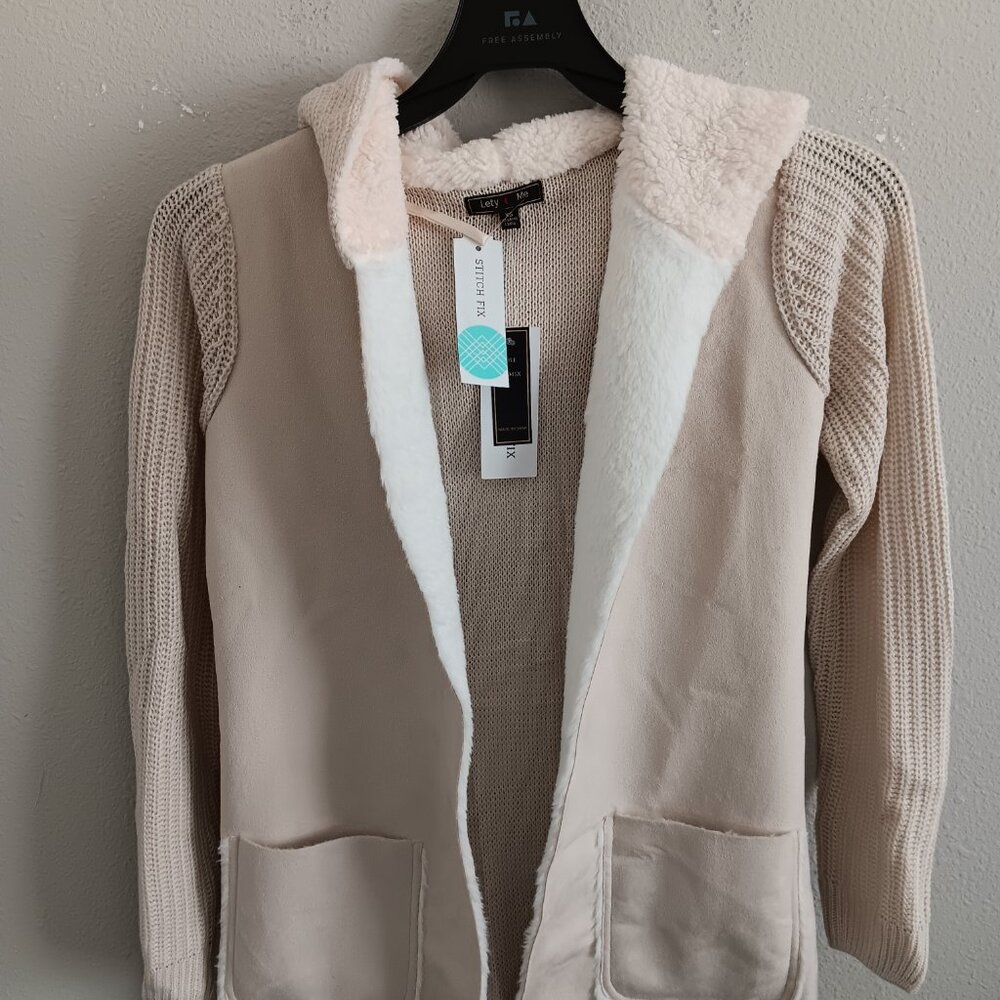 Lefty & Me Sammi Faux Suede Sherpa Hood Coatigan - Beige size XS